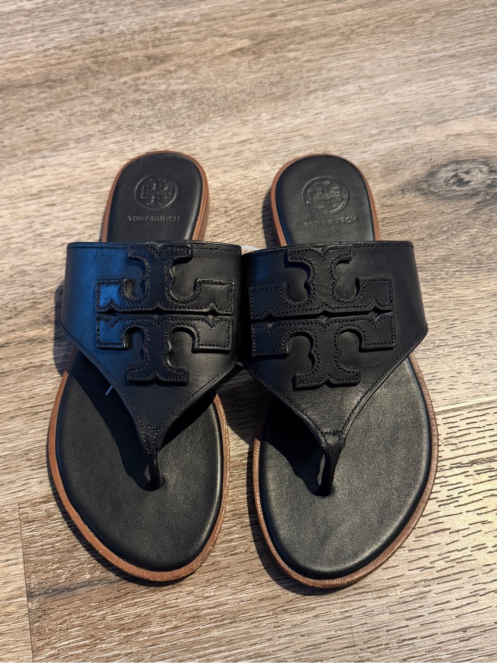 Tory Burch Black Leather Logo Thong Sandals